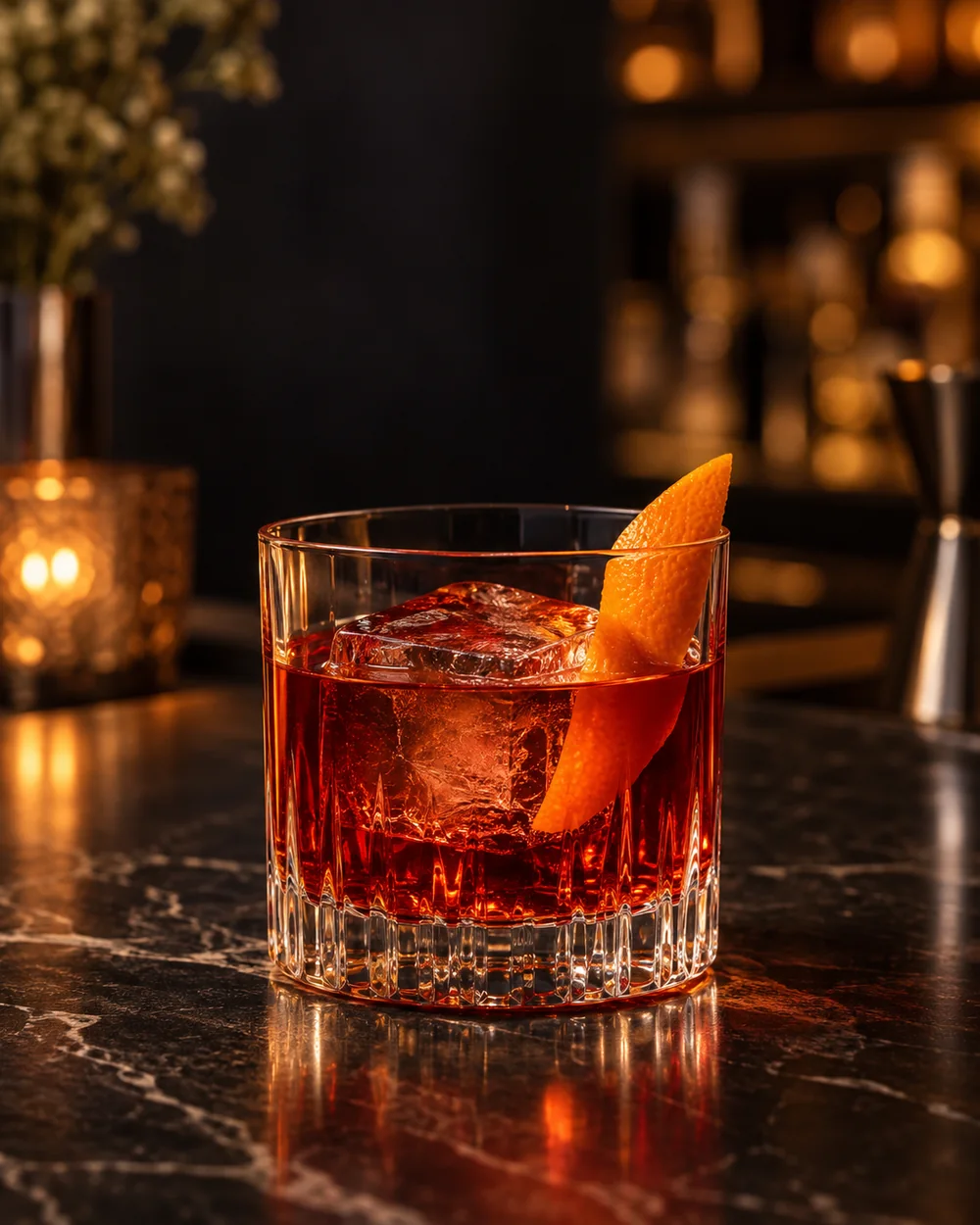Negroni roșu-rubiniu, servit cu gheață și coajă de portocală
