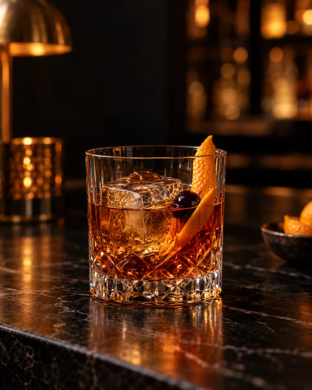 Old Fashioned cu whisky, cub mare de gheață și coajă de portocală